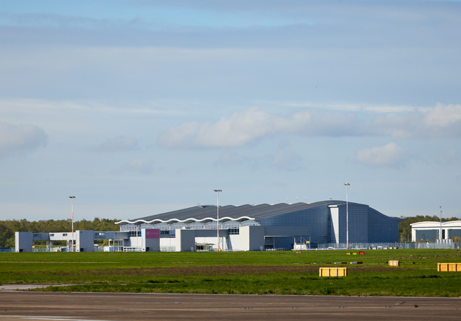 Doncaster Sheffield Airport terminal building taken from the runway