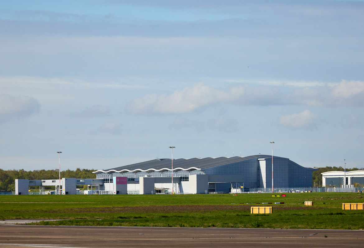 Doncaster Sheffield Airport terminal building taken from the runway